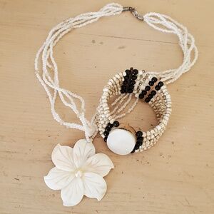 Beautiful Beachy Boho Surf Mother of Pearl Beaded Wide Cuff Bracelet & Necklace